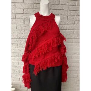 Hot & Delicious Red Cold Shoulder Fringe Sweater Size S
